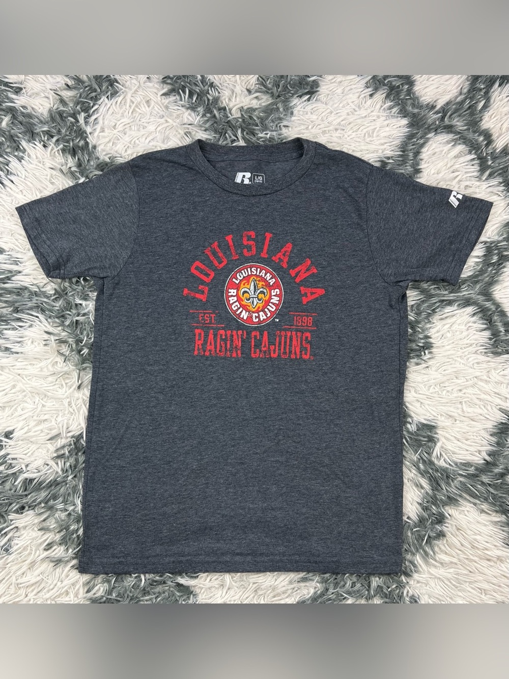 Russell Kids Boys Gray Louisiana Ragin’ Cajuns Logo T-shirt Size Large 10/12